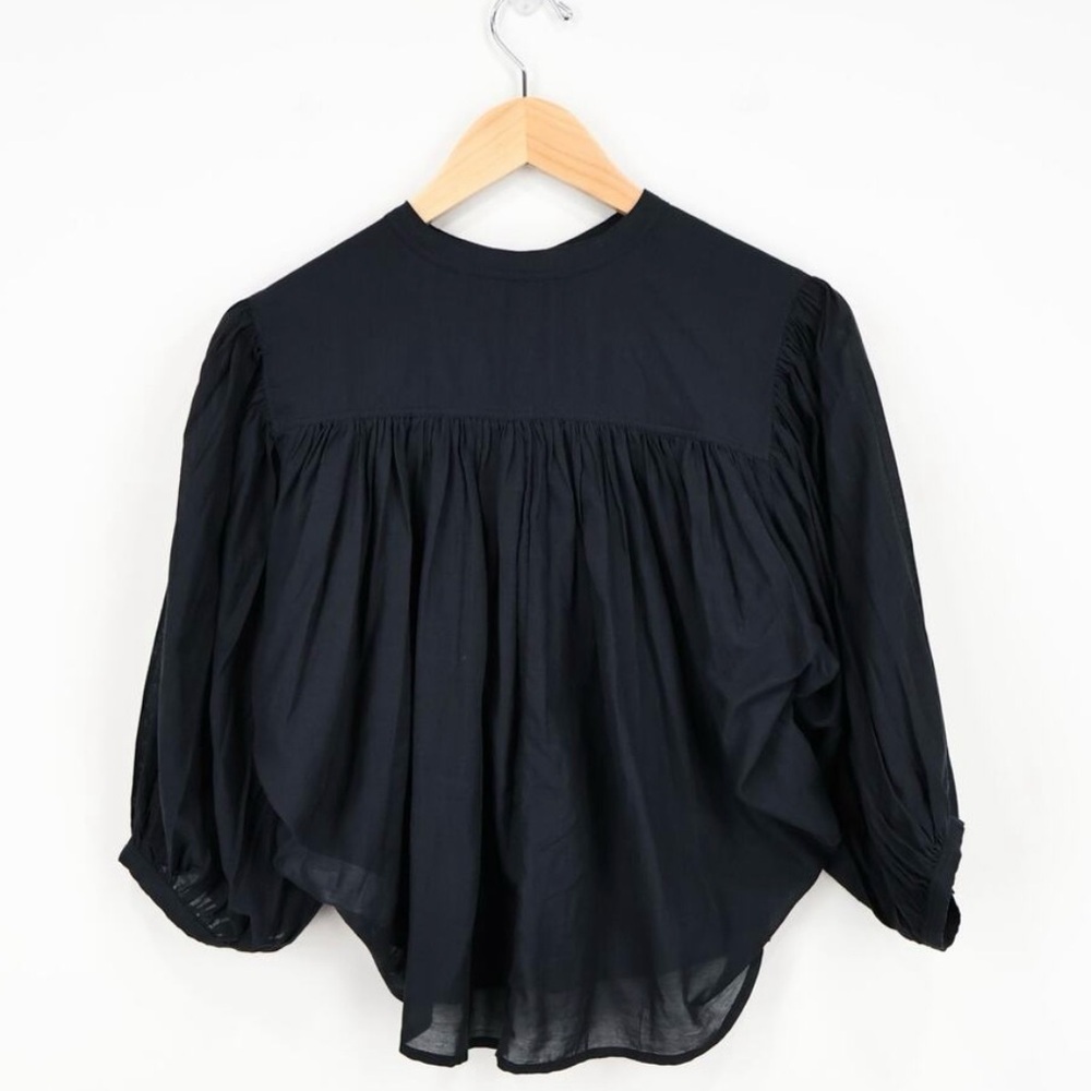 Madewell Shirred Crewneck Balloon Sleeve Button Up Peasant Blouse in Black, XXS - Picture 10 of 14